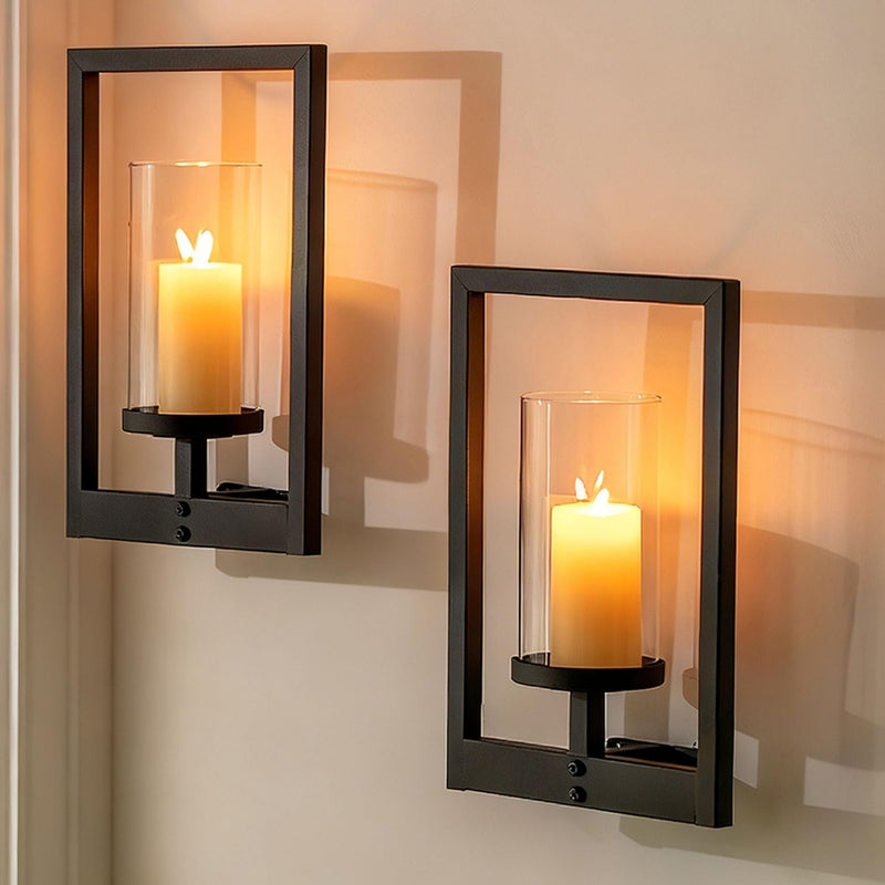 Walasis Black Candle Sconces Wall Decor: Set of 2 Metal Morden Style Frame Wall Candle Holder with Hurricane - Wall Mounted Minimalism Decorations for Living Room Hallway - Image 1
