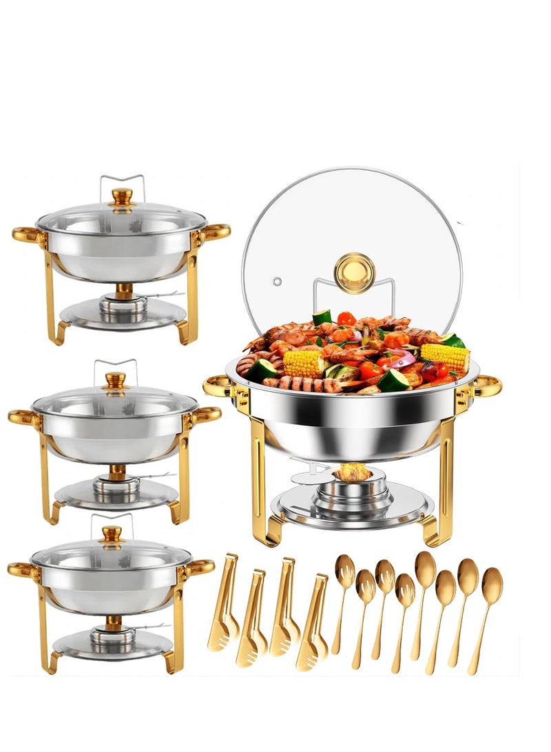 4 Pack Chafing Dish Buffet Set 5 Qt, 5L Stainless Steel Chafing Dishes,Round Catering Warmer Server with Glass Lid & Cover Holder,Food Warmers for Parties, Wedding,Birthday - Image 1
