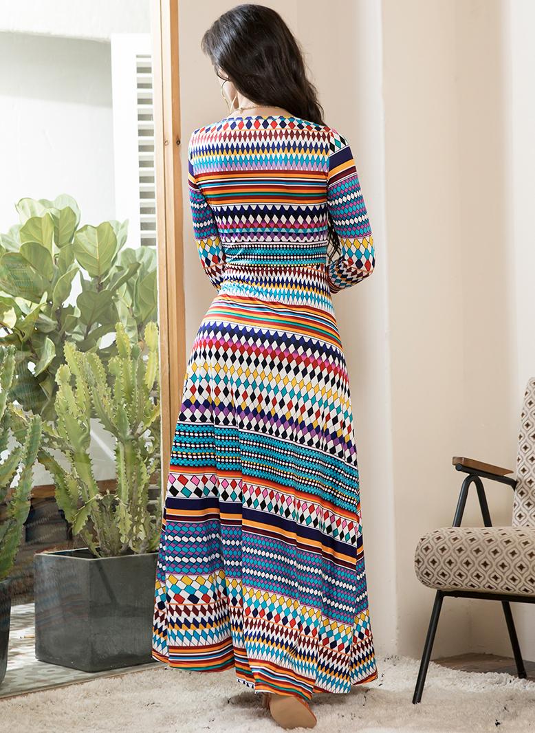 فرايديين بوهيمي طوق عالي شريط طباعة غير منتظم الزهور كم منتظم فساتين طويلة ملون - Image 2