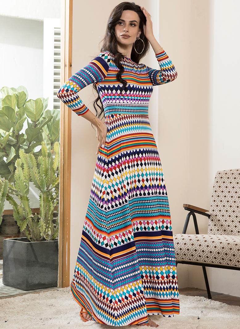 فرايديين بوهيمي طوق عالي شريط طباعة غير منتظم الزهور كم منتظم فساتين طويلة ملون - Image 3