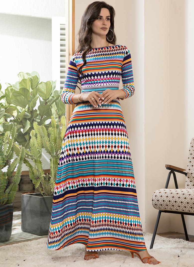 فرايديين بوهيمي طوق عالي شريط طباعة غير منتظم الزهور كم منتظم فساتين طويلة ملون - Image 1