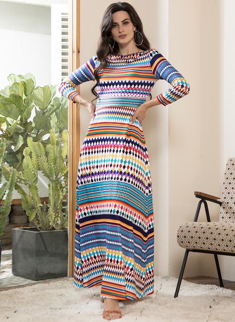 فرايديين بوهيمي طوق عالي شريط طباعة غير منتظم الزهور كم منتظم فساتين طويلة ملون - Image 4