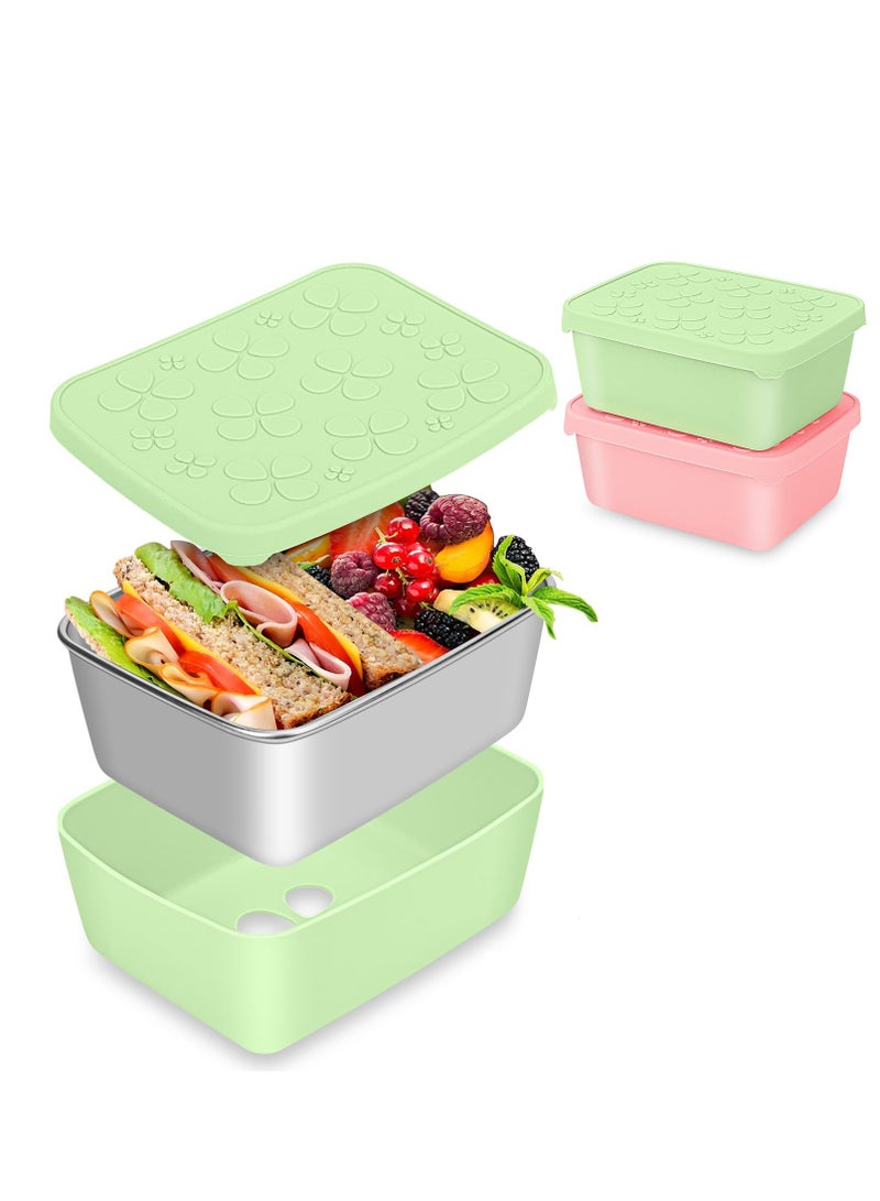 SOLARAE 2 Pack Stainless Steel Snack Containers, Reusable Small Metal Bento Lunch Container Box, Leak Proof silicone Lids&Dip Containers, Suitable for Daycare, School Travel (18oz) - Image 1