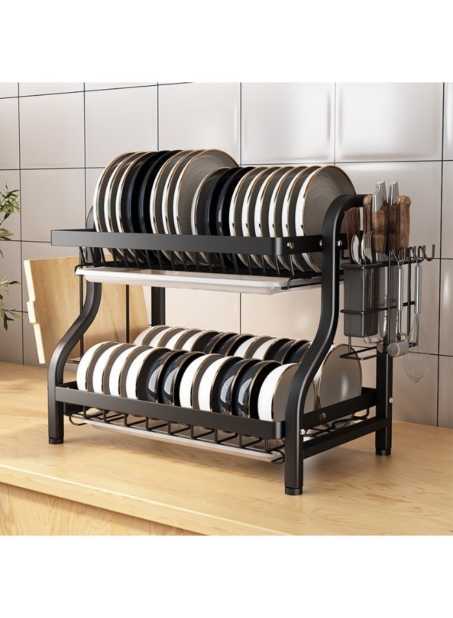 2-Tier Carbon Steel Dish Drying Rack, Large Capacity Rust-Proof Kitchen Organizer with Utensil & Cutting Board Holder, Drainboard Set for Counter - Image 1