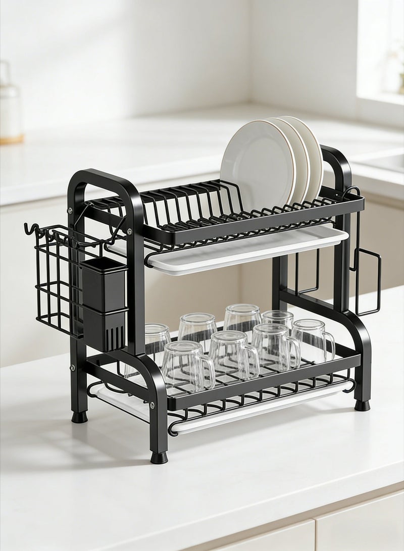 2-Tier Carbon Steel Dish Drying Rack, Large Capacity Rust-Proof Kitchen Organizer with Utensil & Cutting Board Holder, Drainboard Set for Counter - Image 4