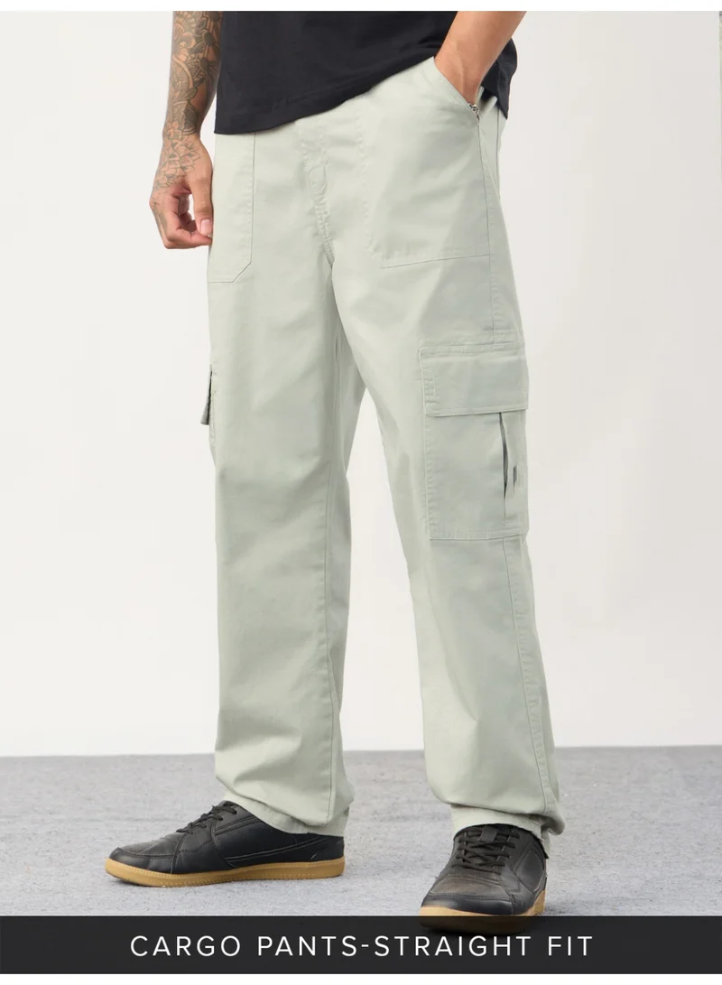 The Souled Store Men Feather Grey Solid Straight Fit Cargo Pants