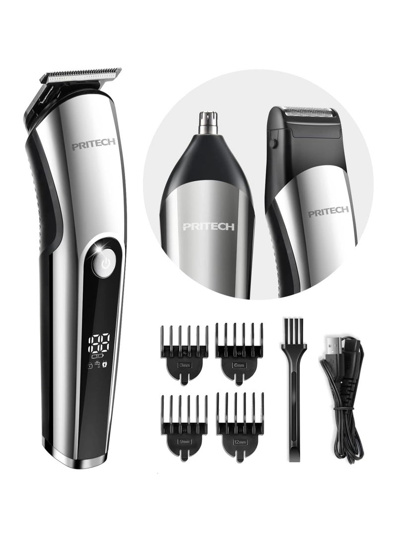 Beard Trimmer for Men, 3 in 1 Hair Clippers for Men Kit, Nose Hair Trimmer, Micro Shaver Mens Grooming Kit Cordless Electric Hair Trimmer LED Display IPX6 (Silver)