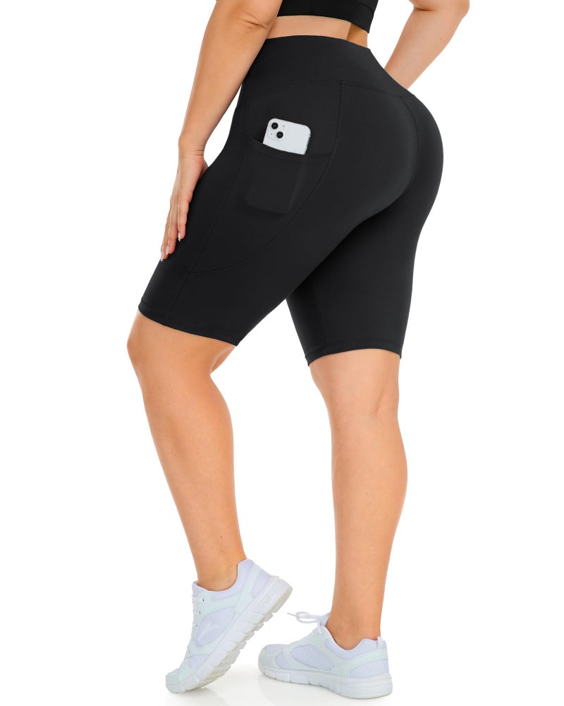 MOREFEEL Plus Size 8" Biker Shorts with Pockets for Women –Black High Waisted Tummy Control Yoga Shorts (XL-4XL) - Image 1
