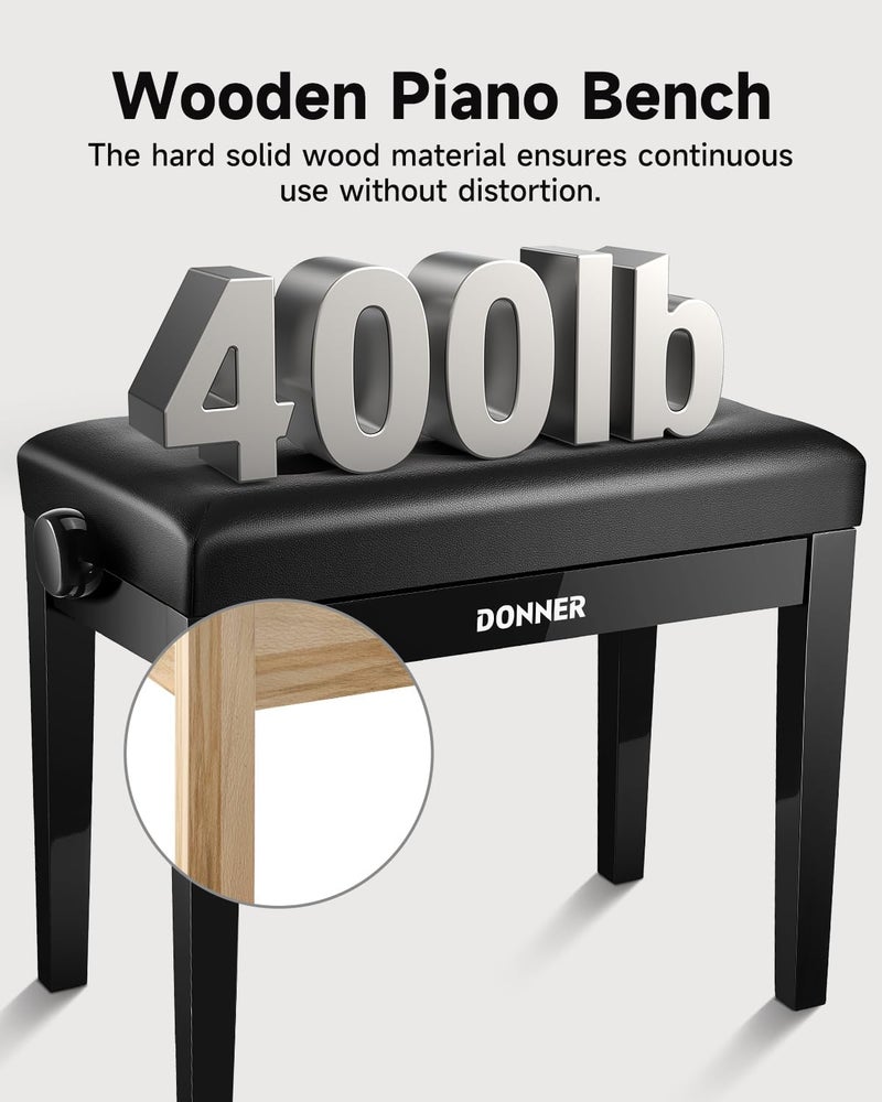 Donner Adjustable Piano Bench with High-Density Sponge Cushion and Metal Lifting Mechanism, Black - Image 4