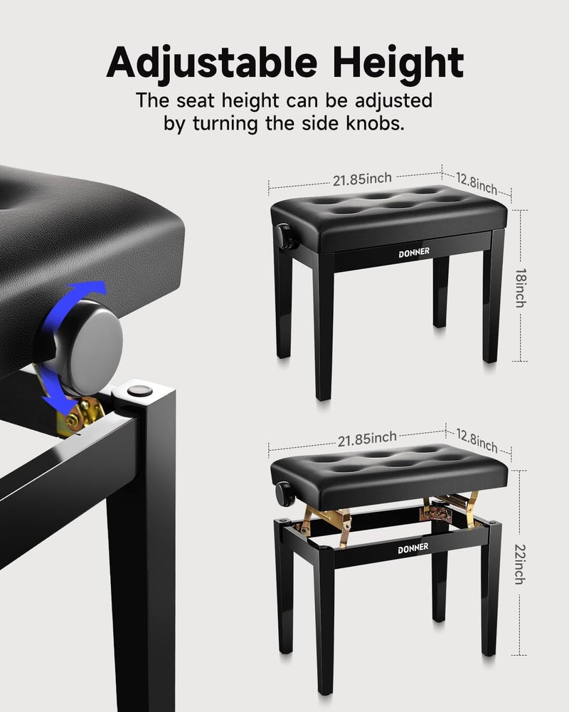 Donner Adjustable Piano Bench with High-Density Sponge Cushion and Metal Lifting Mechanism, Black - Image 2