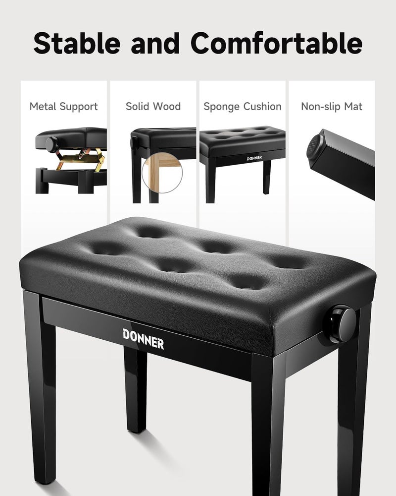 Donner Adjustable Piano Bench with High-Density Sponge Cushion and Metal Lifting Mechanism, Black - Image 3