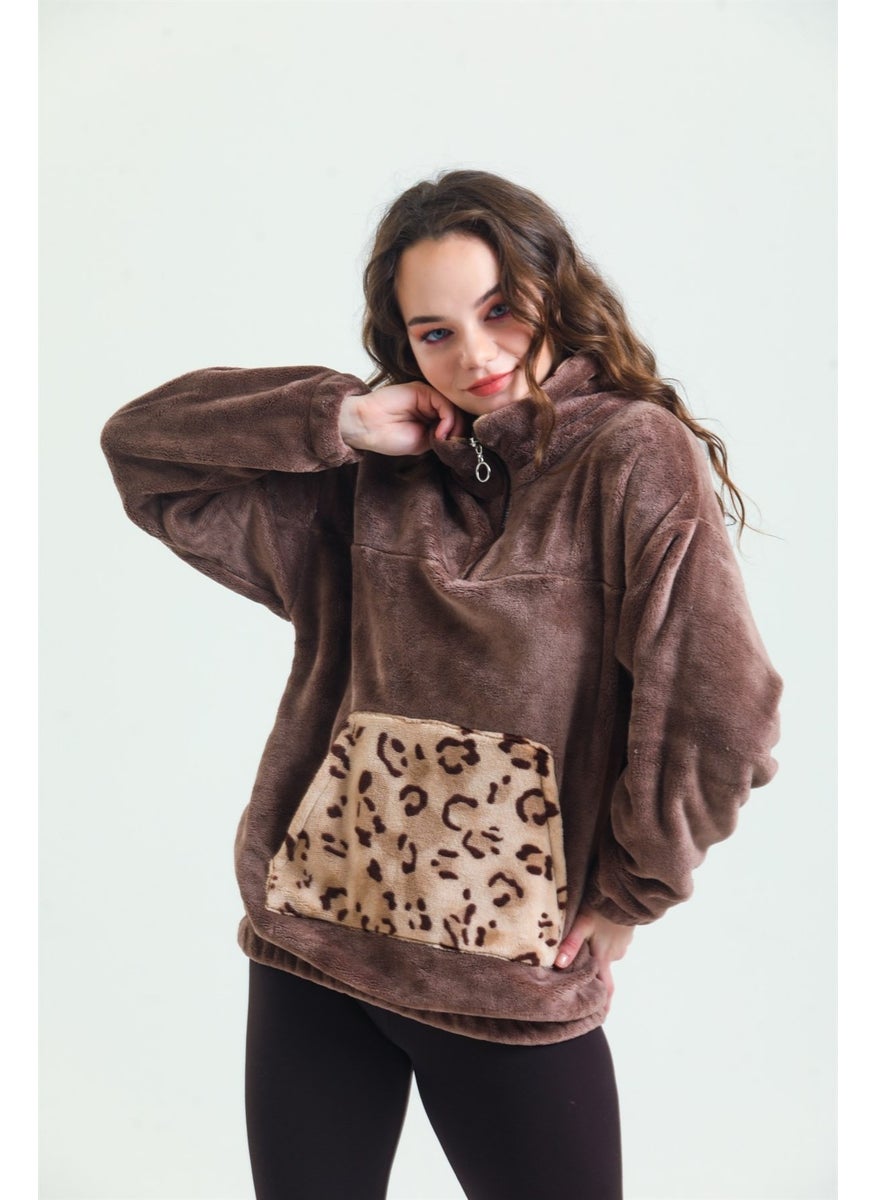 Magic Form 37285 Women's Coffee Zippered Polar Fleece Pajama Top  - Image 1