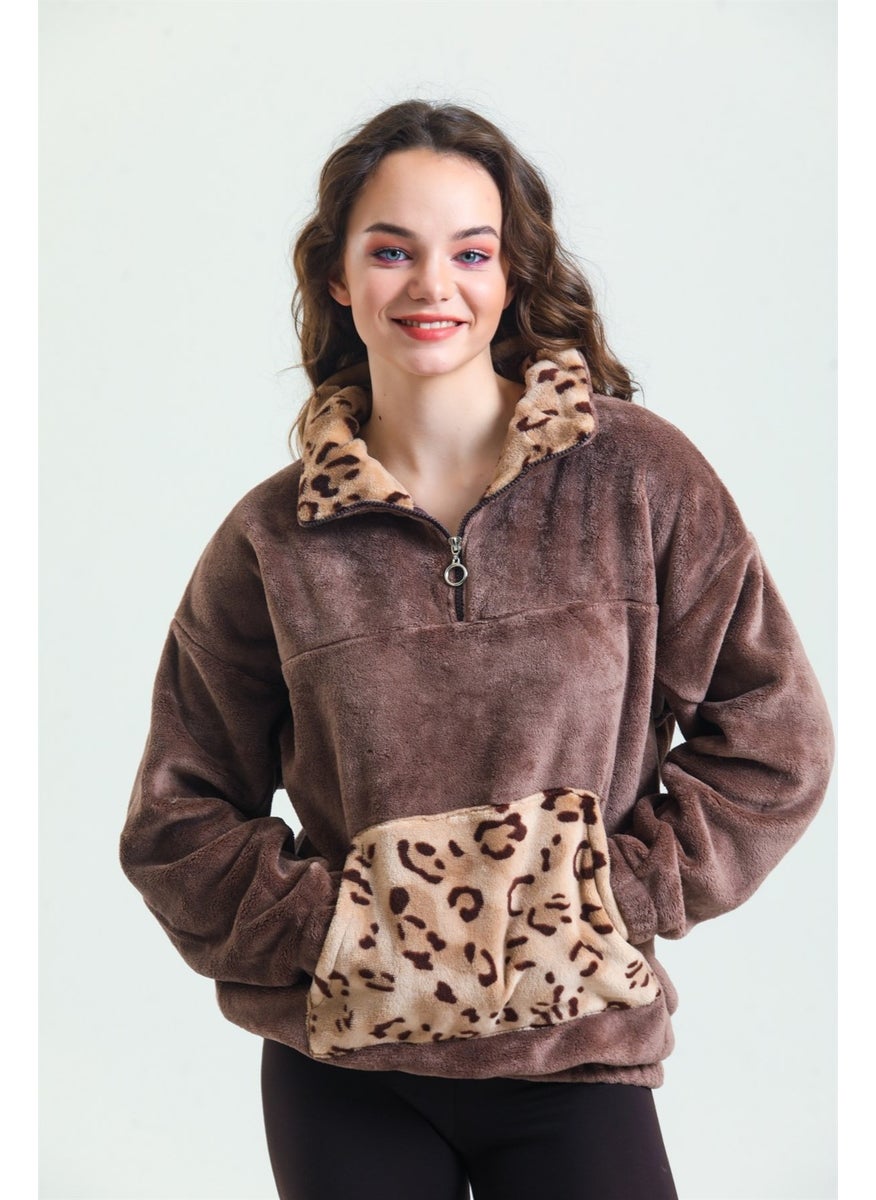 Magic Form 37285 Women's Coffee Zippered Polar Fleece Pajama Top  - Image 3