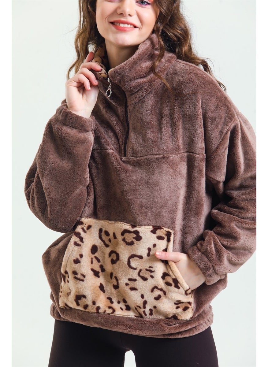 Magic Form 37285 Women's Coffee Zippered Polar Fleece Pajama Top  - Image 2