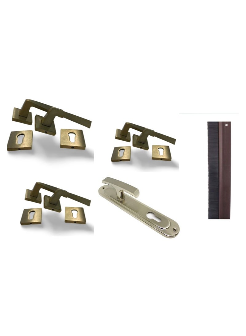 3 set of Al-Ahram matt nickel rosette handle with Comex silver apartment door handle and door brush to prevent dirt and dust as a gift  - Image 1