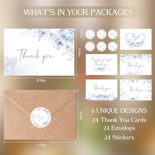 Oaken Leaford 24 Pack Pre-Folded Floral Thank You Cards with Envelopes & Stickers, 6 Elegant Designs for Wedding, Baby Shower, Bridal Shower, Teacher Gifts (Blue Floral) - Image 2