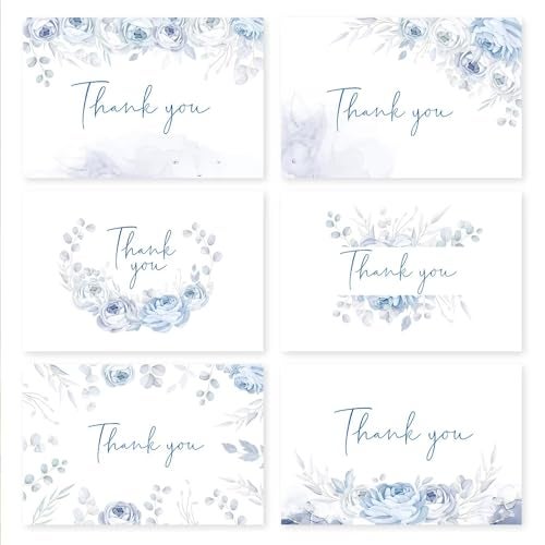 Oaken Leaford 24 Pack Pre-Folded Floral Thank You Cards with Envelopes & Stickers, 6 Elegant Designs for Wedding, Baby Shower, Bridal Shower, Teacher Gifts (Blue Floral) - Image 1