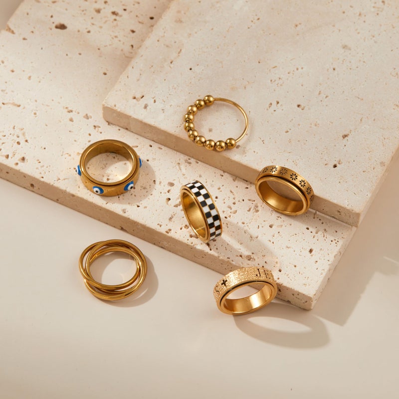 LOFITOR 18K Gold Plated Fidget Rings for Anxiety 6pcs Stainless Steel Spinner Ring Anti Anxiety Ring Spinning Moon Star Cool Stress Relieveing CZ Band Rings Set for Women Men Pattern 7 - Image 2