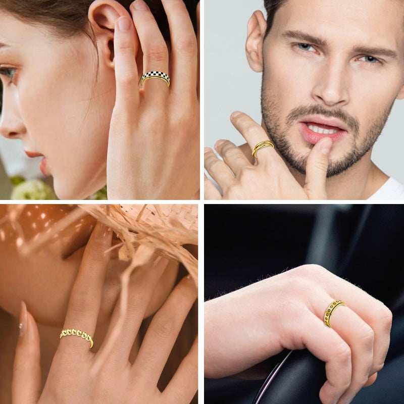 LOFITOR 18K Gold Plated Fidget Rings for Anxiety 6pcs Stainless Steel Spinner Ring Anti Anxiety Ring Spinning Moon Star Cool Stress Relieveing CZ Band Rings Set for Women Men Pattern 7 - Image 4