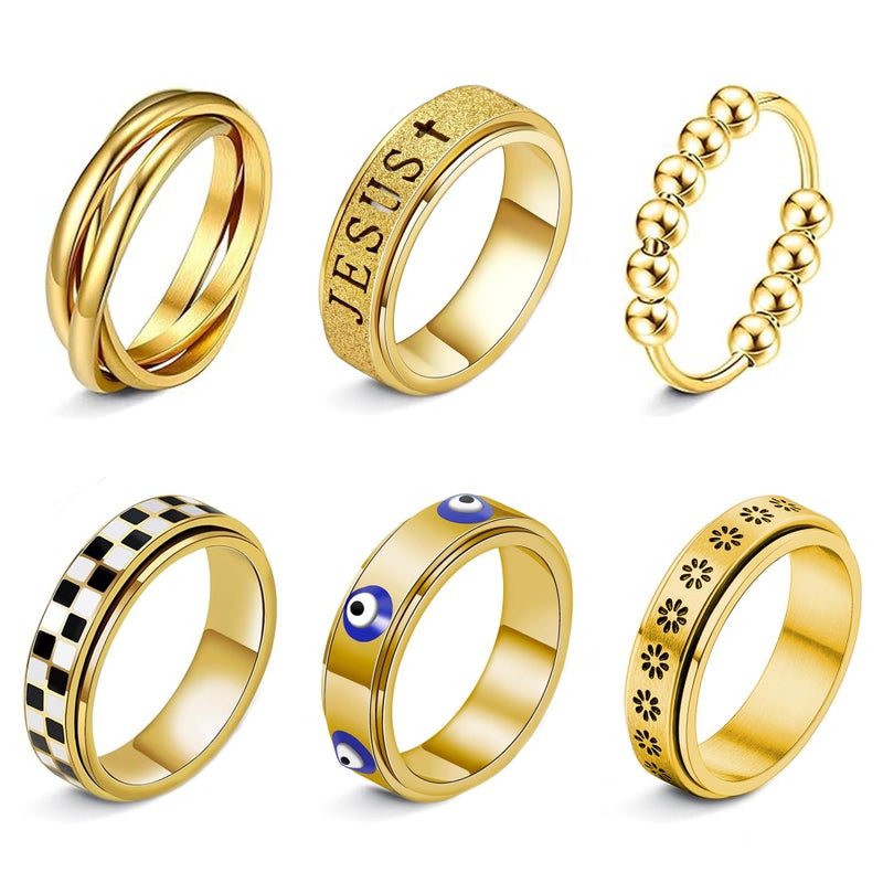 LOFITOR 18K Gold Plated Fidget Rings for Anxiety 6pcs Stainless Steel Spinner Ring Anti Anxiety Ring Spinning Moon Star Cool Stress Relieveing CZ Band Rings Set for Women Men Pattern 7 - Image 1