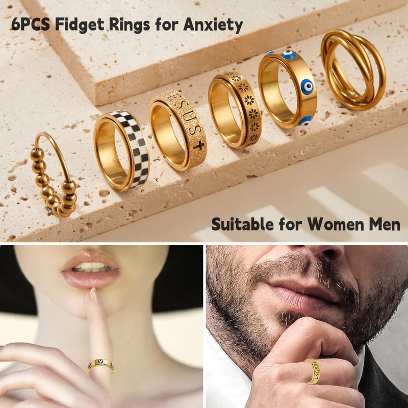 LOFITOR 18K Gold Plated Fidget Rings for Anxiety 6pcs Stainless Steel Spinner Ring Anti Anxiety Ring Spinning Moon Star Cool Stress Relieveing CZ Band Rings Set for Women Men Pattern 7 - Image 3