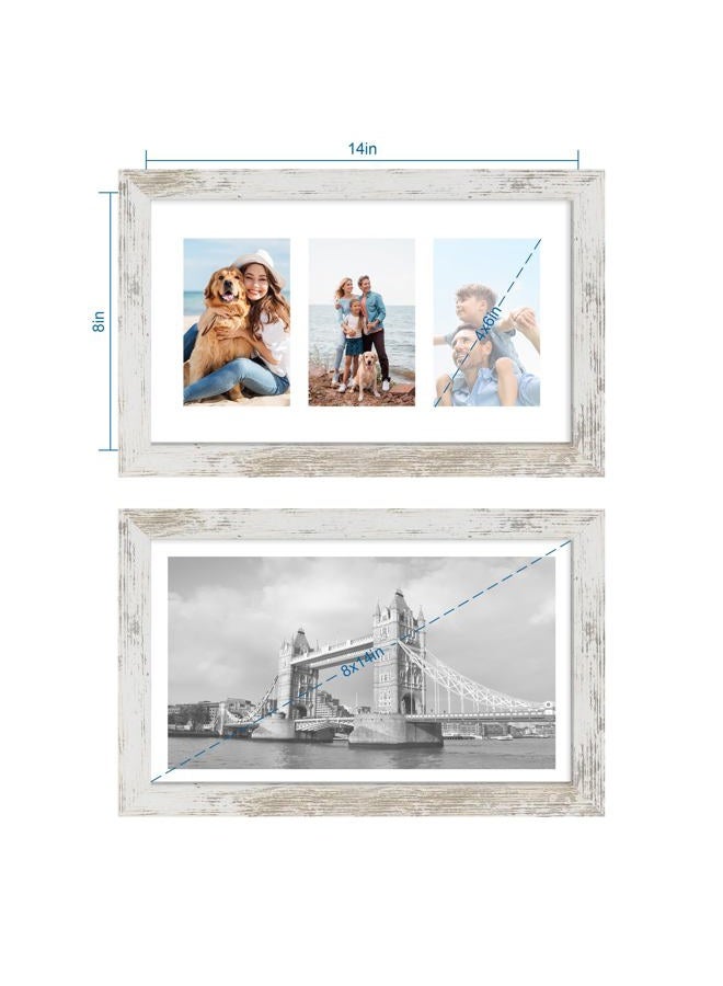 Hongkee 8x14 Picture Frame Set of 2, Distressed White Wood Frame with Tempered Glass Collage Frame, Display Pictures 3-4x6 With Mat or 8 x 14 Without Mat - Horizontal or Vertical Wall Mounting - Image 2