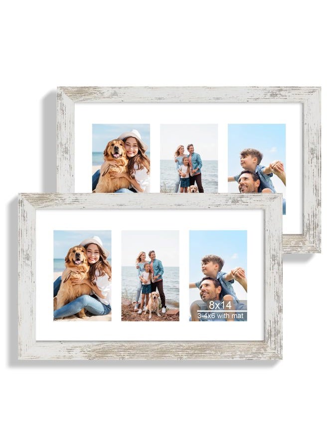 Hongkee 8x14 Picture Frame Set of 2, Distressed White Wood Frame with Tempered Glass Collage Frame, Display Pictures 3-4x6 With Mat or 8 x 14 Without Mat - Horizontal or Vertical Wall Mounting - Image 1