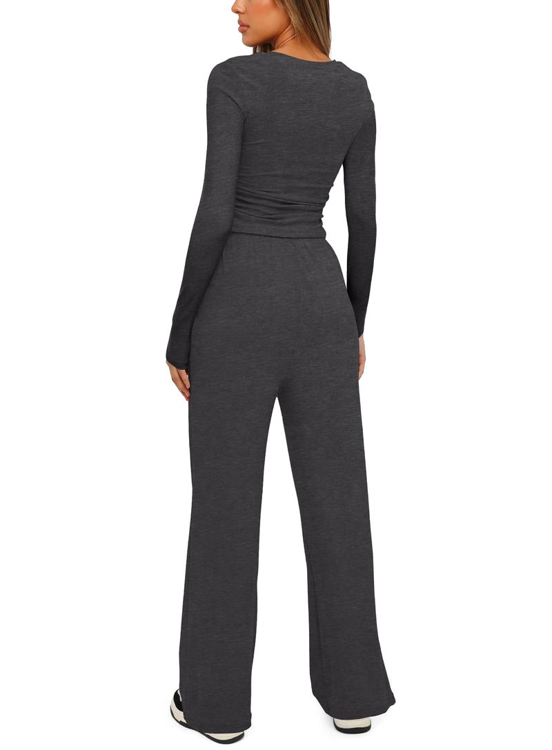 Darong Women's 2 Piece Matching Lounge Set Long Sleeve Slightly Crop Top Wide Leg Pants Casual Tracksuits 9065A Dark Grey M - Image 2