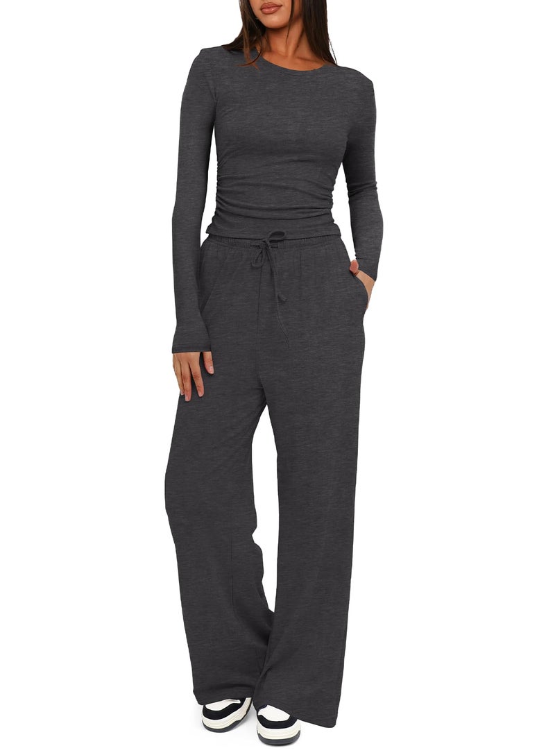 Darong Women's 2 Piece Matching Lounge Set Long Sleeve Slightly Crop Top Wide Leg Pants Casual Tracksuits 9065A Dark Grey M - Image 1