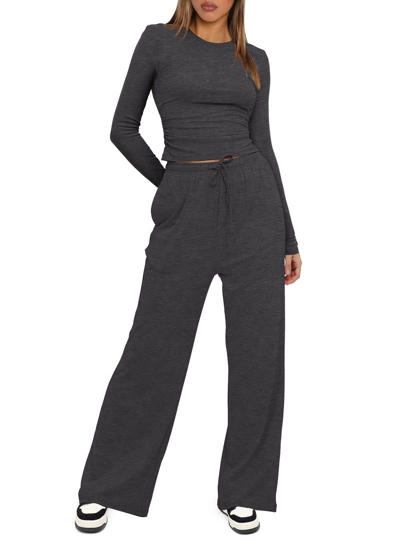 Darong Women's 2 Piece Matching Lounge Set Long Sleeve Slightly Crop Top Wide Leg Pants Casual Tracksuits 9065A Dark Grey M - Image 3