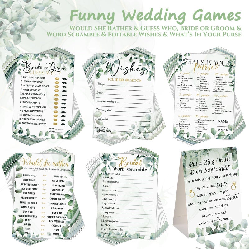 Sosation 331 Pcs Bridal Shower Games Supplies, 5 Sets (50 Cards Each) Wedding Games Cards, 1 Put a Ring on It Bridal Shower Game with 60 Rings and 20 Team Pencils for Wedding Engagement(Leaves) - Image 3