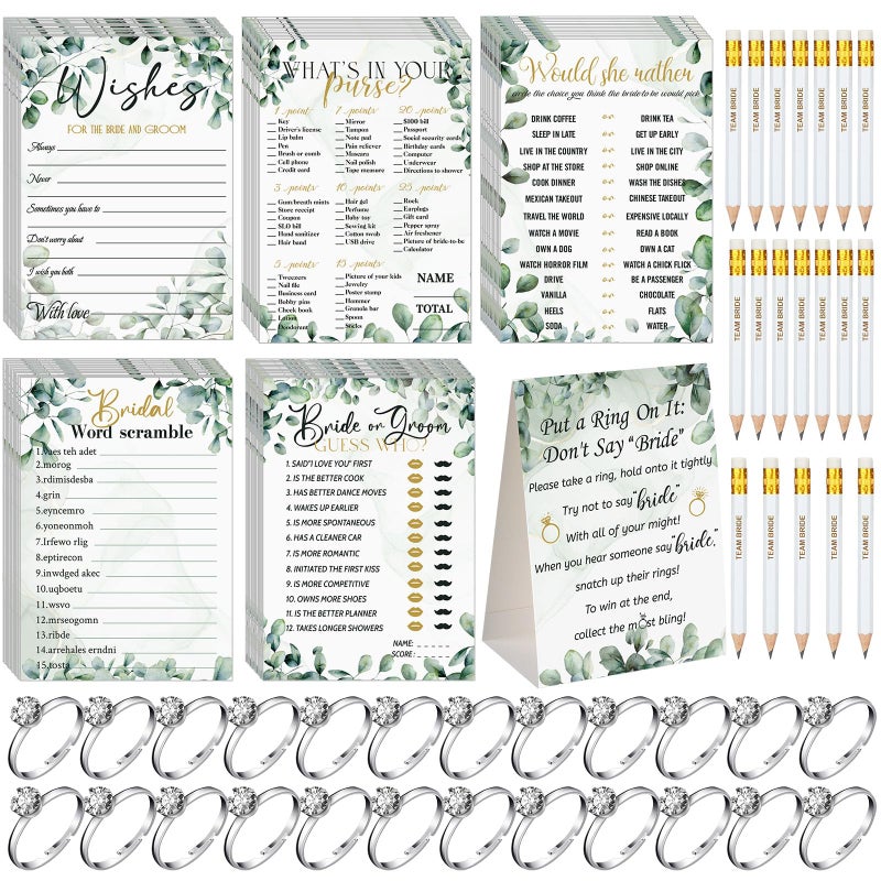 Sosation 331 Pcs Bridal Shower Games Supplies, 5 Sets (50 Cards Each) Wedding Games Cards, 1 Put a Ring on It Bridal Shower Game with 60 Rings and 20 Team Pencils for Wedding Engagement(Leaves) - Image 1