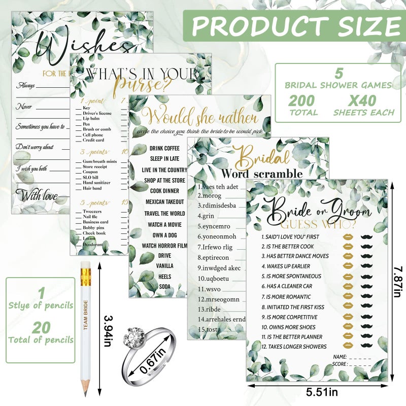 Sosation 331 Pcs Bridal Shower Games Supplies, 5 Sets (50 Cards Each) Wedding Games Cards, 1 Put a Ring on It Bridal Shower Game with 60 Rings and 20 Team Pencils for Wedding Engagement(Leaves) - Image 2
