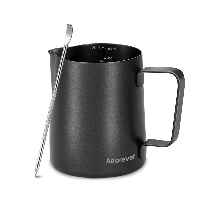 Adorever Milk Frothing Pitcher 350ml12oz Steaming Pitchers Stainless Steel Milk Coffee Cappuccino Latte Art Barista Steam Pitchers Milk Jug Cup with Decorating Art Pen Matte Black 