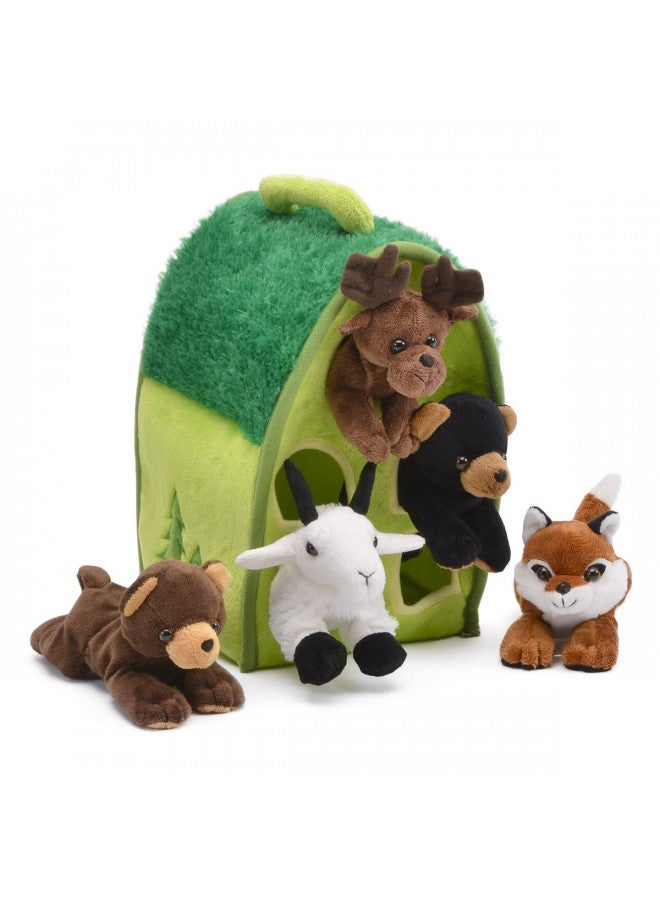 Unipak Plush Forest Animal House with Animals - Five (5) Stuffed Forest Animals ( Brown Bear, Black Bear, Moose, Frog, Fox) in Play Forest Carrying House