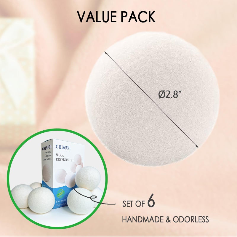 Wool Dryer Balls, 6 Pcs XL Dryer Lint Balls, Reusable Premium Natural Fabric Softener, Efficiently Add Essential Oils Instead of Dryer Sheets, Laundry Room Organization Essentials - Image 2