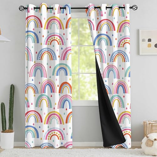 chiinvent Blackout Rainbow Curtains for Kids Cute Rainbow Room Darkening Window Curtains Decorative Cartoon Black Out Curtain for Girls Bedroom Nursery C3 52 x 84 2 Panels 90 Blackout - Image 1