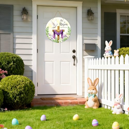 SICOHOME He is Risen Door Sign - 11.5" Christian Cross Sign Easter Wreath Front Door Decoration - Religious Easter Decorations for Home, Wall, Porach, Indoor Outdoor Farmhouse Party Spring - Image 3