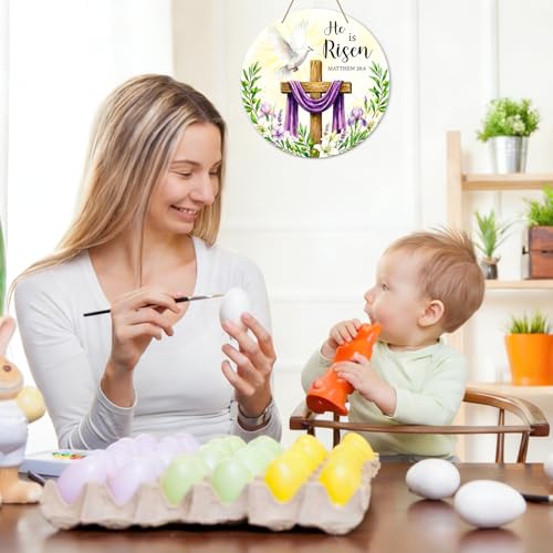 SICOHOME He is Risen Door Sign - 11.5" Christian Cross Sign Easter Wreath Front Door Decoration - Religious Easter Decorations for Home, Wall, Porach, Indoor Outdoor Farmhouse Party Spring - Image 2