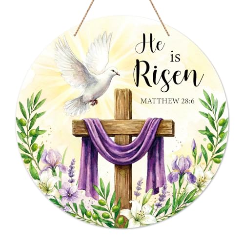 SICOHOME He is Risen Door Sign - 11.5" Christian Cross Sign Easter Wreath Front Door Decoration - Religious Easter Decorations for Home, Wall, Porach, Indoor Outdoor Farmhouse Party Spring - Image 1