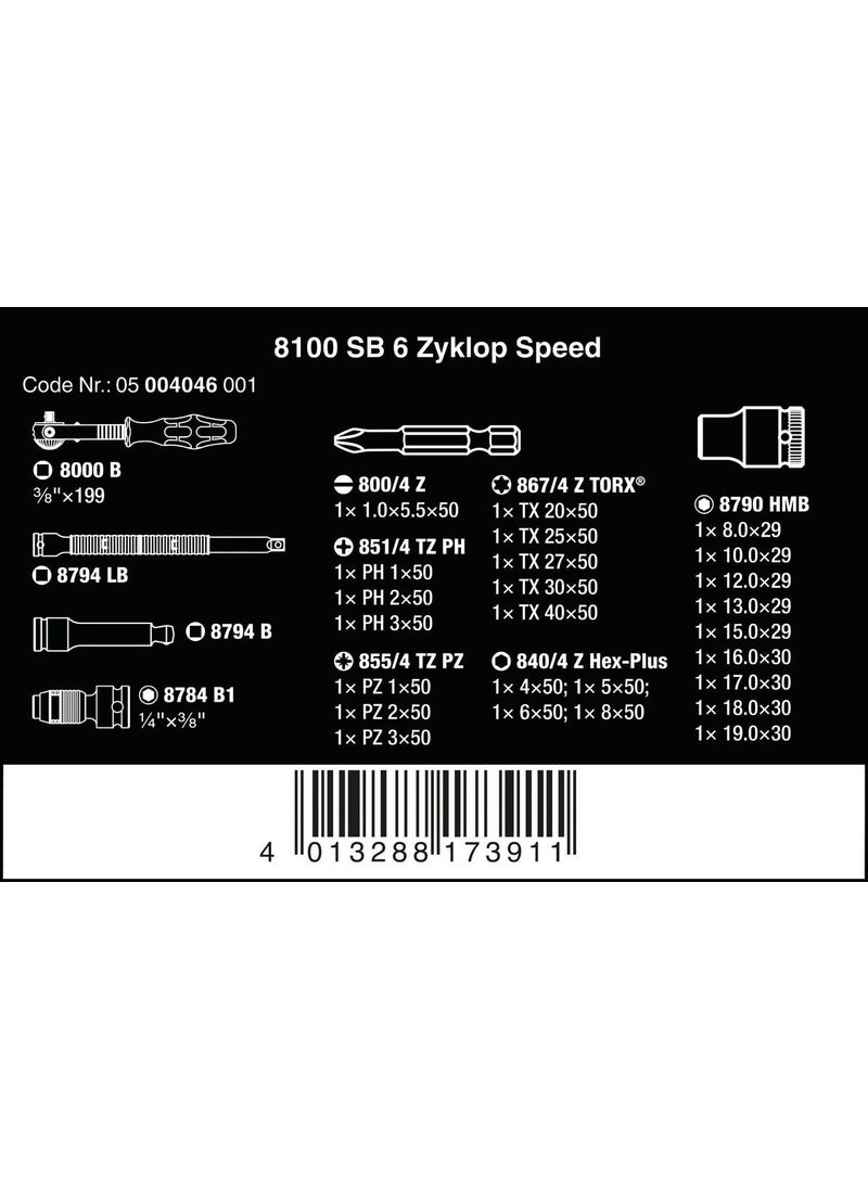 Wera 8100 Sb6 Zyklop Speed ​​Ratchet 3/8" Socket/bits Set (05004046001)  - Image 4