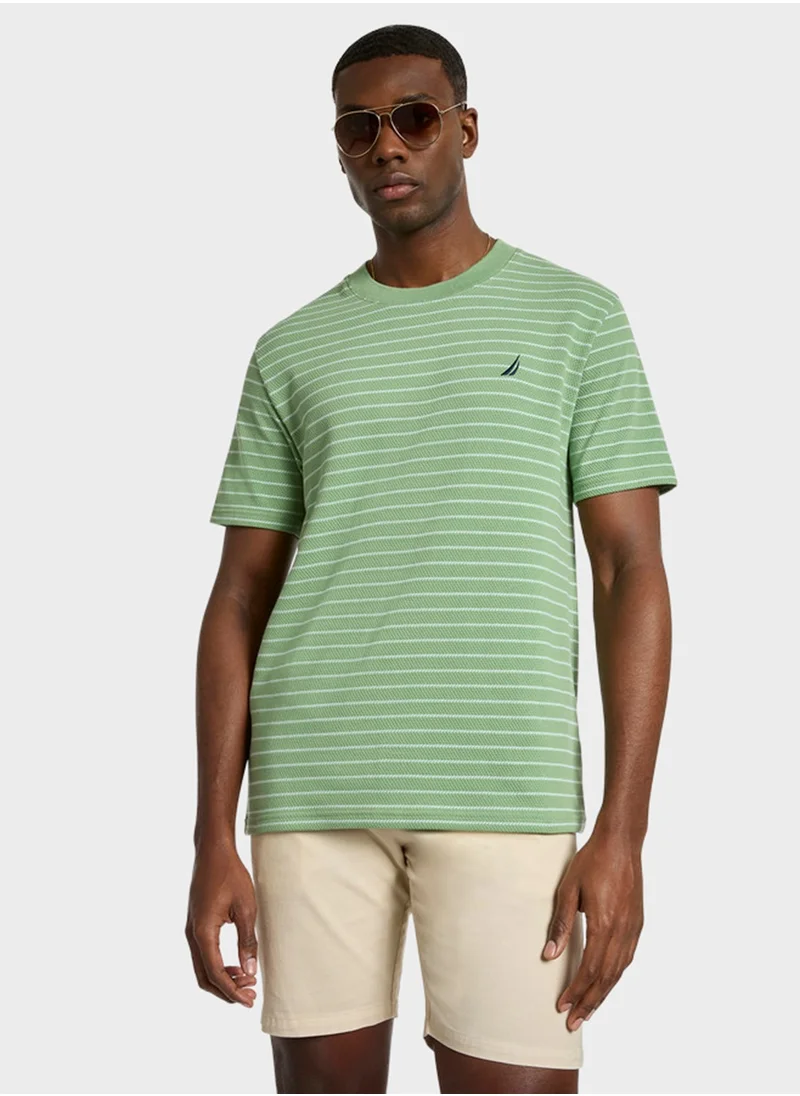 نوتيكا Men's Green Striped Round Neck T-Shirt - Soft Cotton Knit For Trendy, Comfortable Everyday Look