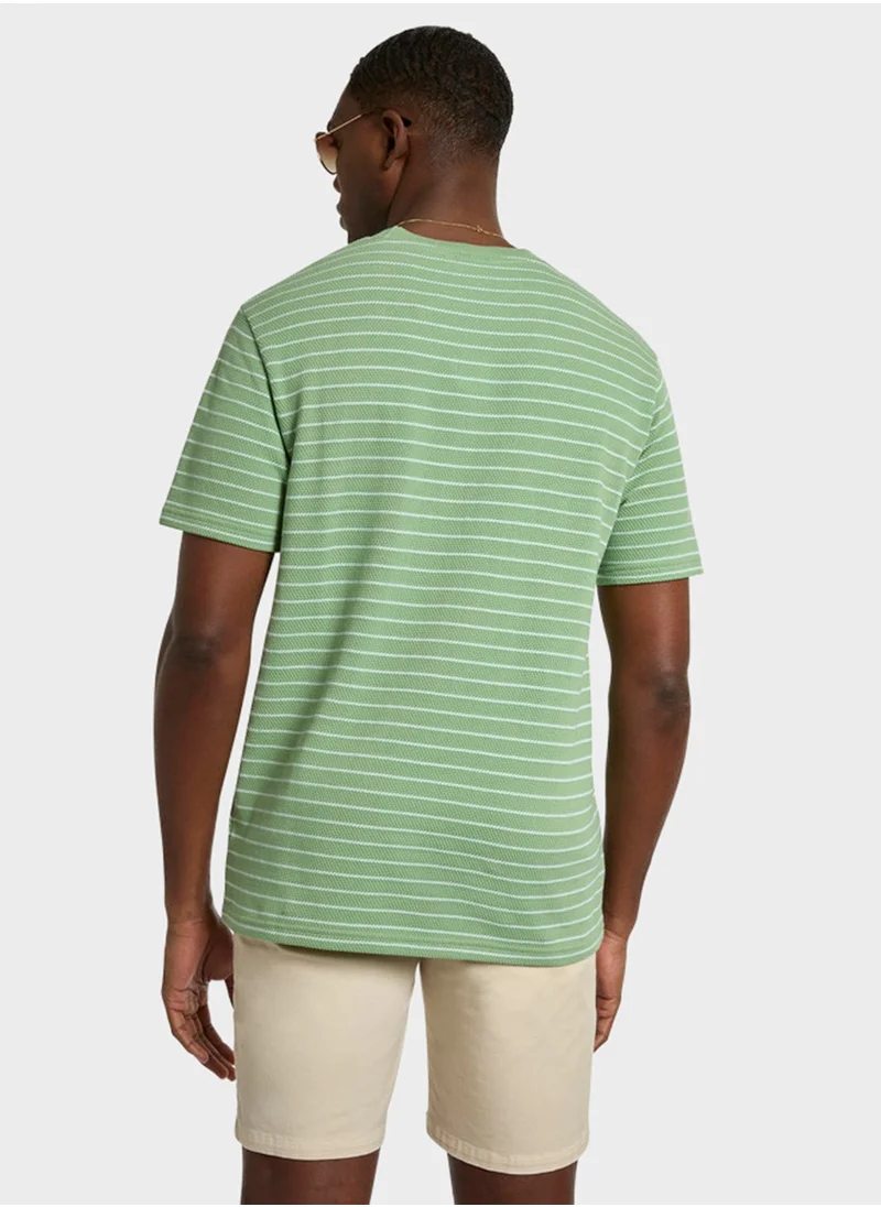 نوتيكا Men's Green Striped Round Neck T-Shirt - Soft Cotton Knit For Trendy, Comfortable Everyday Look