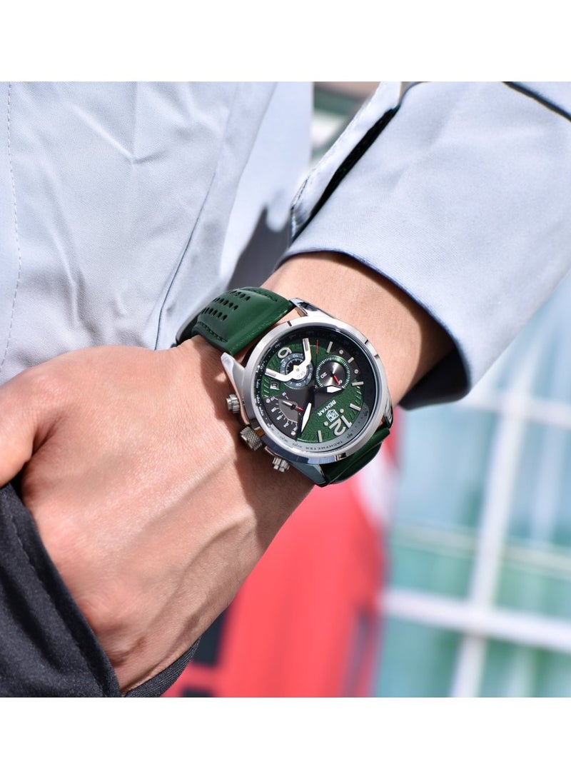 BENYAR Watches for Men Luxury Quartz Water Resistant Watch Men's Chronograph Genuine Leather Strap 5171 Green - Image 2