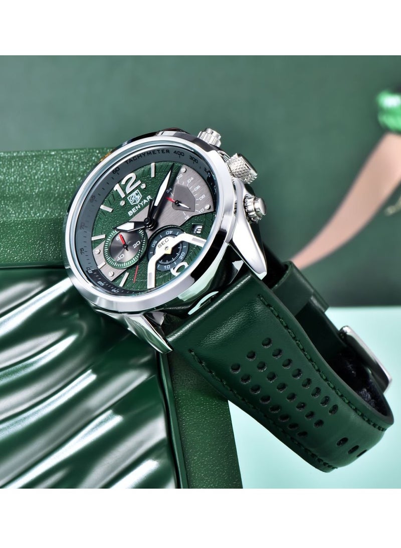 BENYAR Watches for Men Luxury Quartz Water Resistant Watch Men's Chronograph Genuine Leather Strap 5171 Green - Image 3