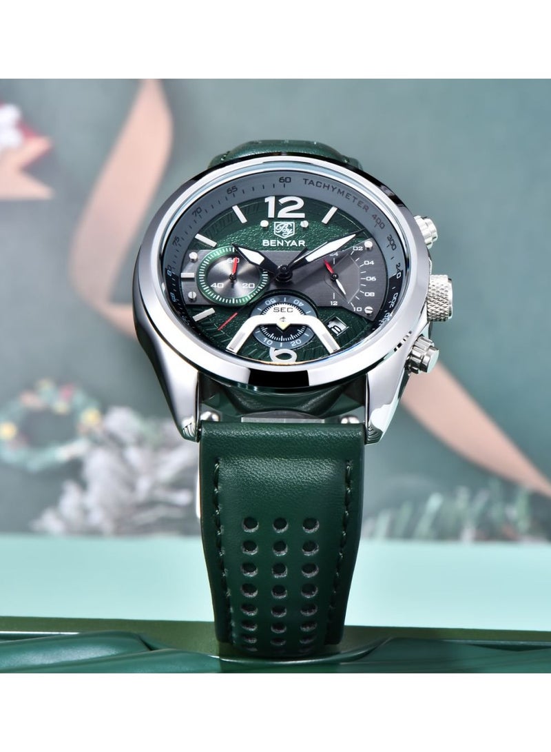 BENYAR Watches for Men Luxury Quartz Water Resistant Watch Men's Chronograph Genuine Leather Strap 5171 Green - Image 4