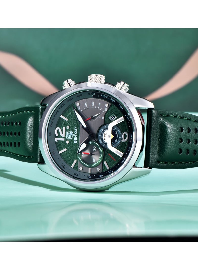 BENYAR Watches for Men Luxury Quartz Water Resistant Watch Men's Chronograph Genuine Leather Strap 5171 Green - Image 5