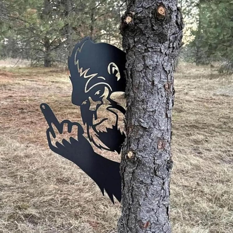 Peeking Middle Finger Bigfoot Metal Sign Outdoor Garden Fence Courtyard Terrace Fun Decoration Black 38cm - Image 1