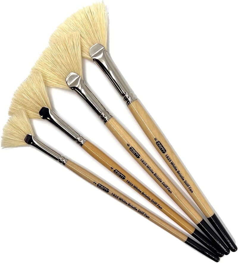 ZEM Brush White Hog Bristle Stiff Fan Brush Set Size 2,4,6,8 - Image 3