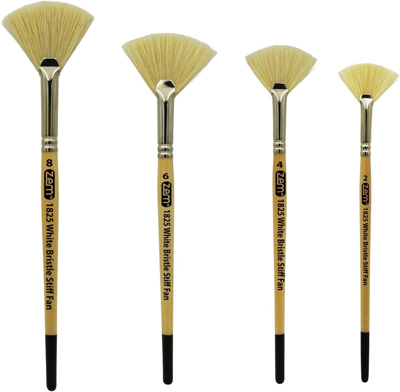 ZEM Brush White Hog Bristle Stiff Fan Brush Set Size 2,4,6,8 - Image 1